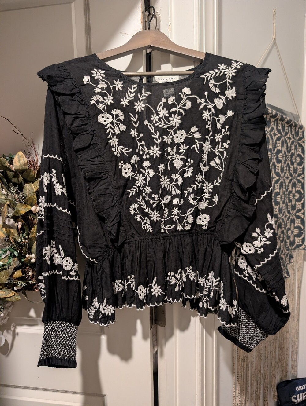 Calypso St. Barth Black Bohemian Festival Blouse Top Large New W Tags